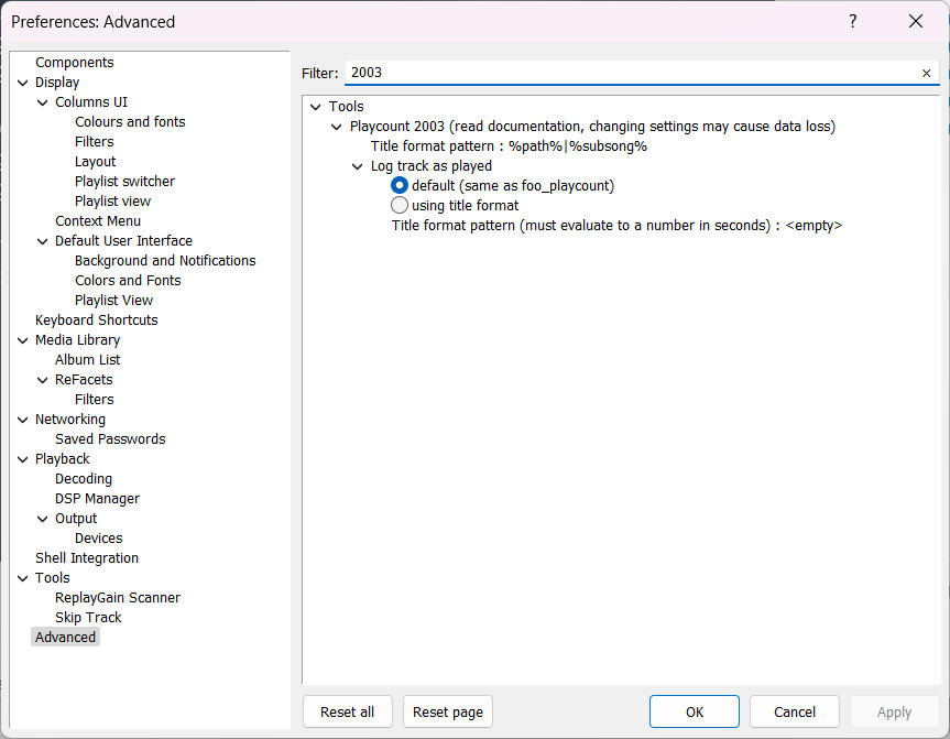 playcount preferences