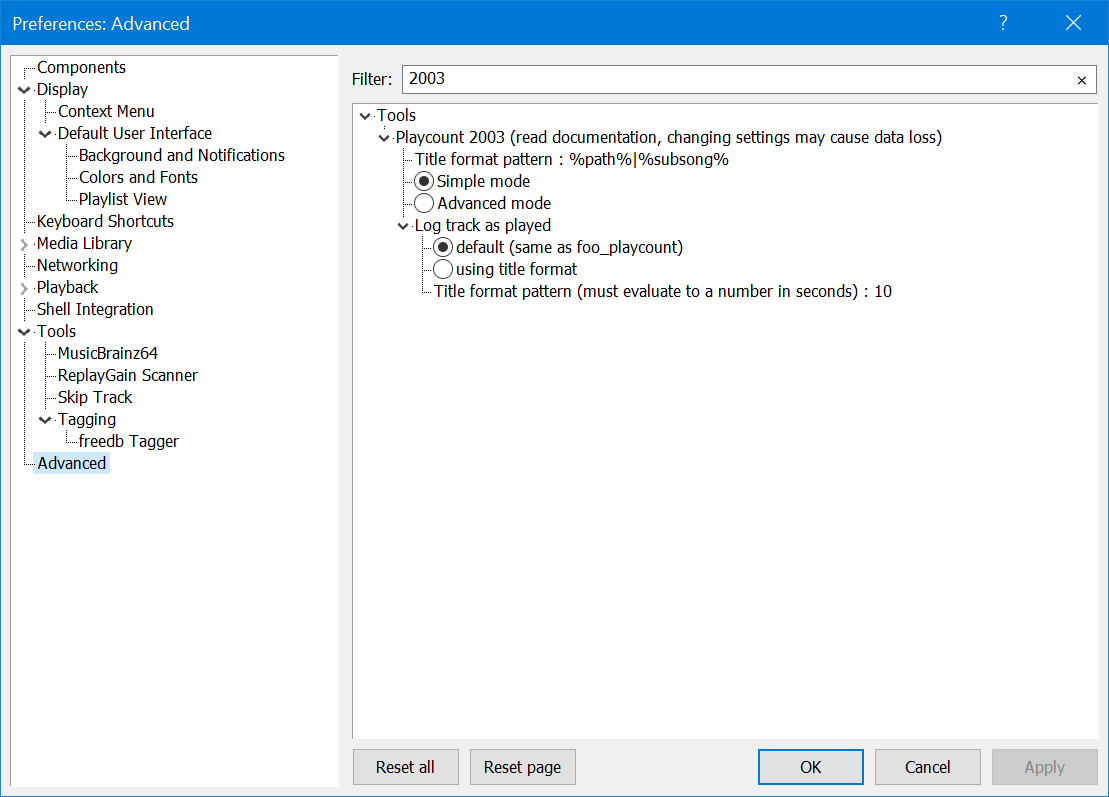 playcount preferences